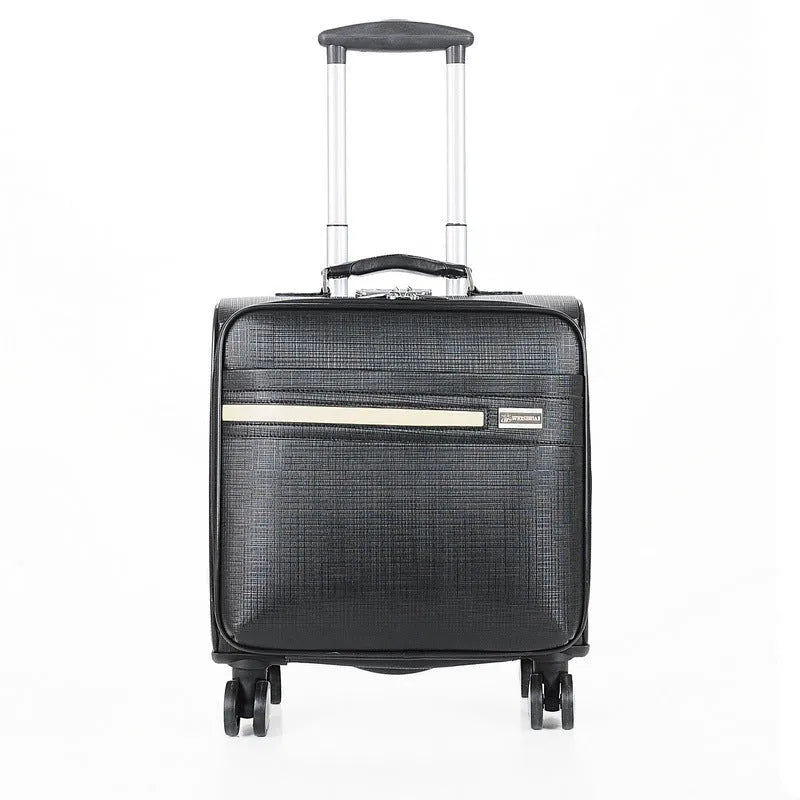 Black PU leather wheeled business case with retractable handle and secure lock.