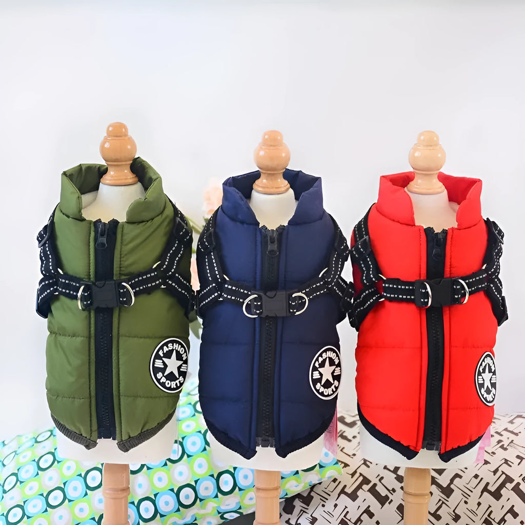 Waterproof dog coat with harness hole in rain silk fabric, available in multiple colours and sizes
