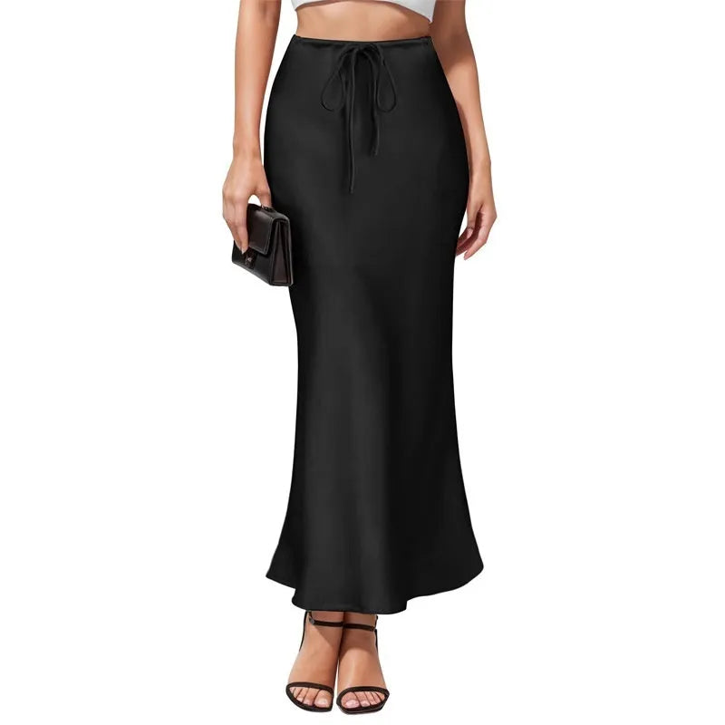 Acetate satin asymmetric skirt with irregular stitching in high-waist design, showing colour options