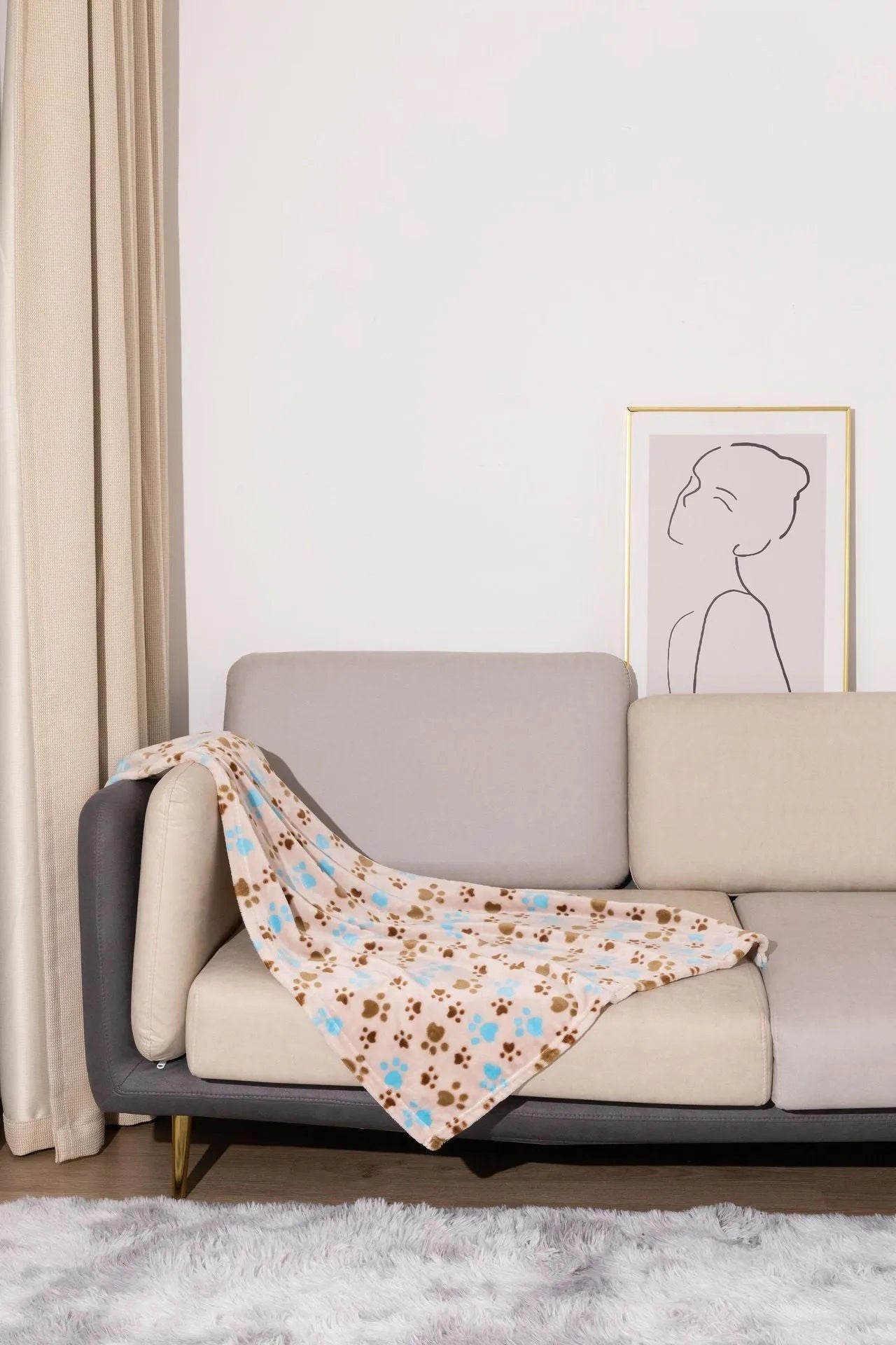 Blue cartoon dog pattern double-sided flannel pet blanket shown in a dog crate.