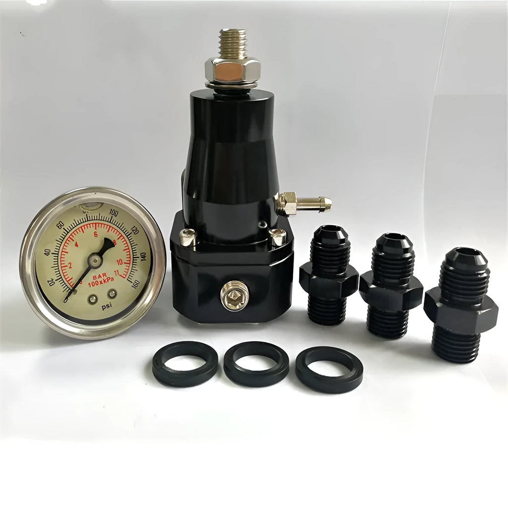 Black aluminium alloy automotive fuel pressure regulator with adjustment port and integrated gauge mounting strap.