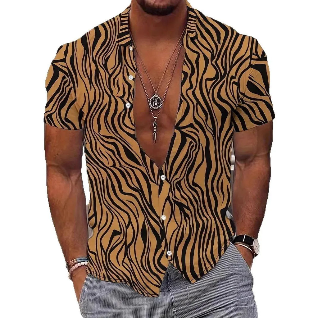 Men's slim fit geometric line print short sleeve shirt with a lapel collar.