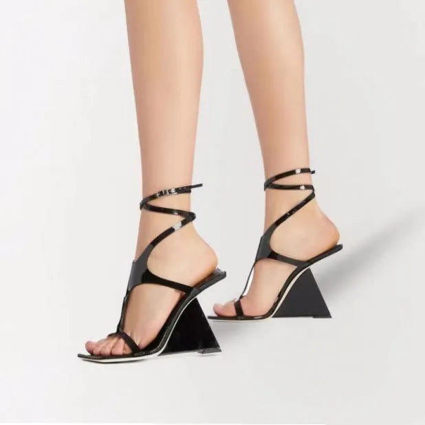 Women's black high heel sandals with square toe design and 9.5cm heel height