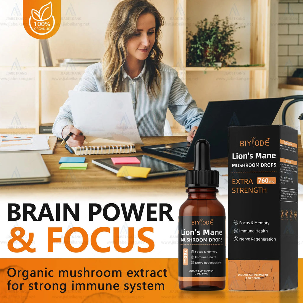 Private label organic Lions Mane mushroom extract liquid drops in a glass bottle with dropper