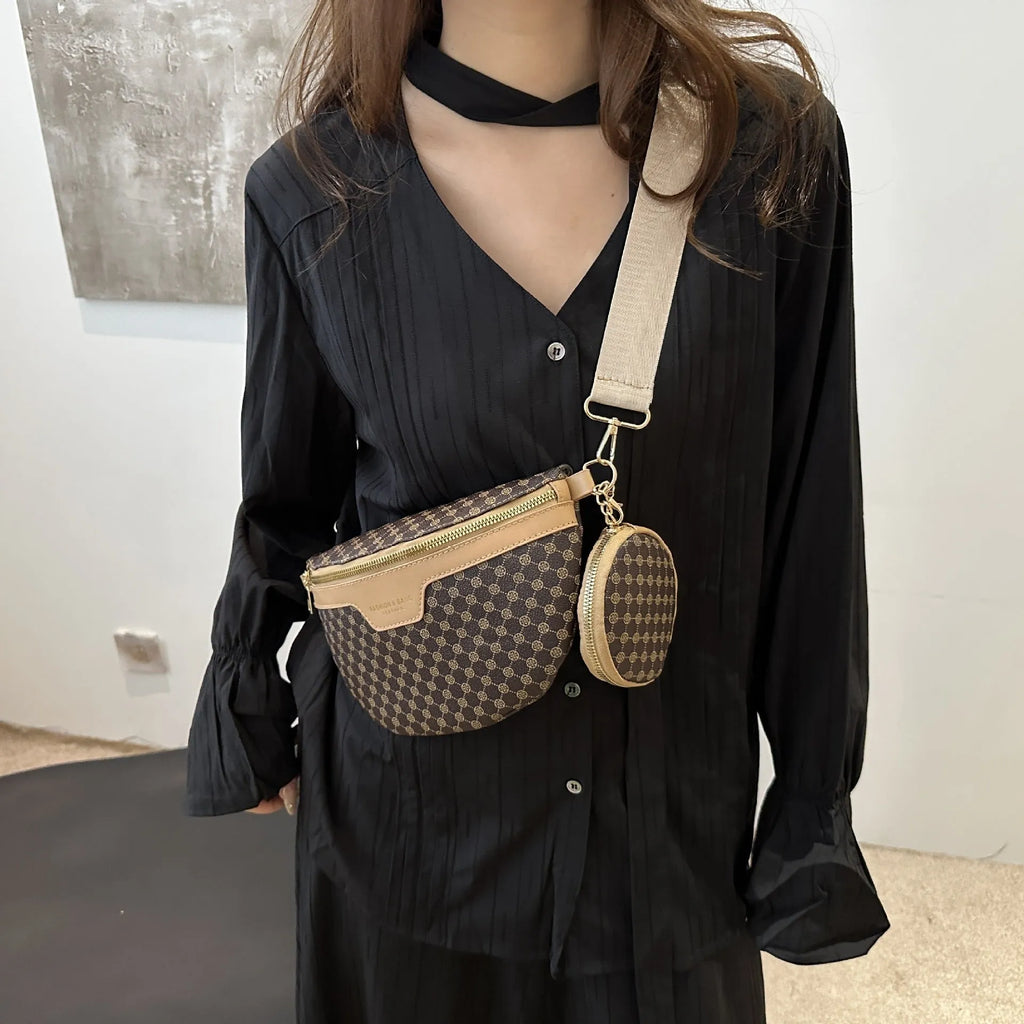 Retro printed portable PU crossbody bag in coffee colour with sewing thread detailing and sandwich pocket