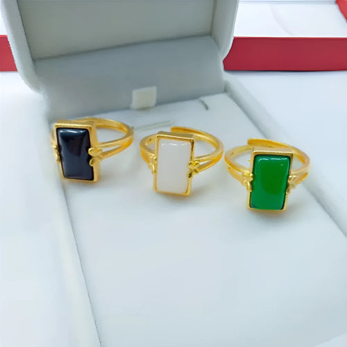 Adjustable brass ring with gold plating and coloured gemstone in national style design