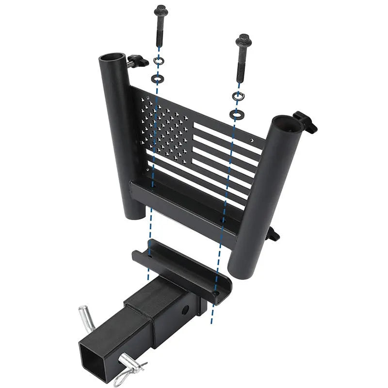 Black steel double tube flagpole bracket for vehicle suspension or seat mounting