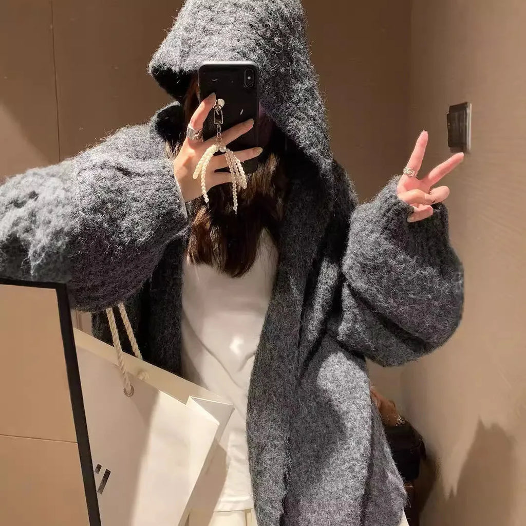 Women's loose fit hooded cardigan in thick acrylic fabric, shown in brown, dark grey, and milky white colour options
