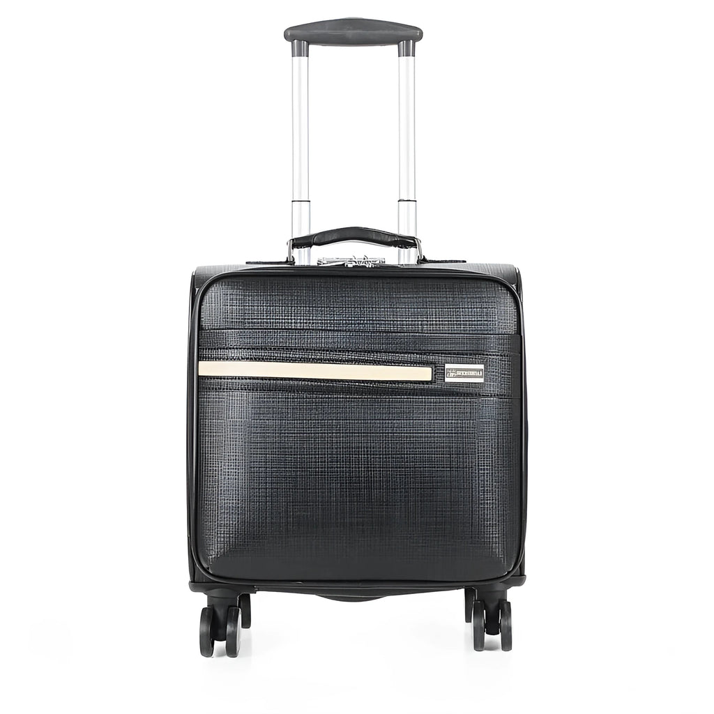 Black PU leather wheeled business case with retractable handle and secure lock.