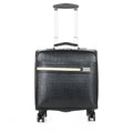 Black PU leather wheeled business case with retractable handle and secure lock.