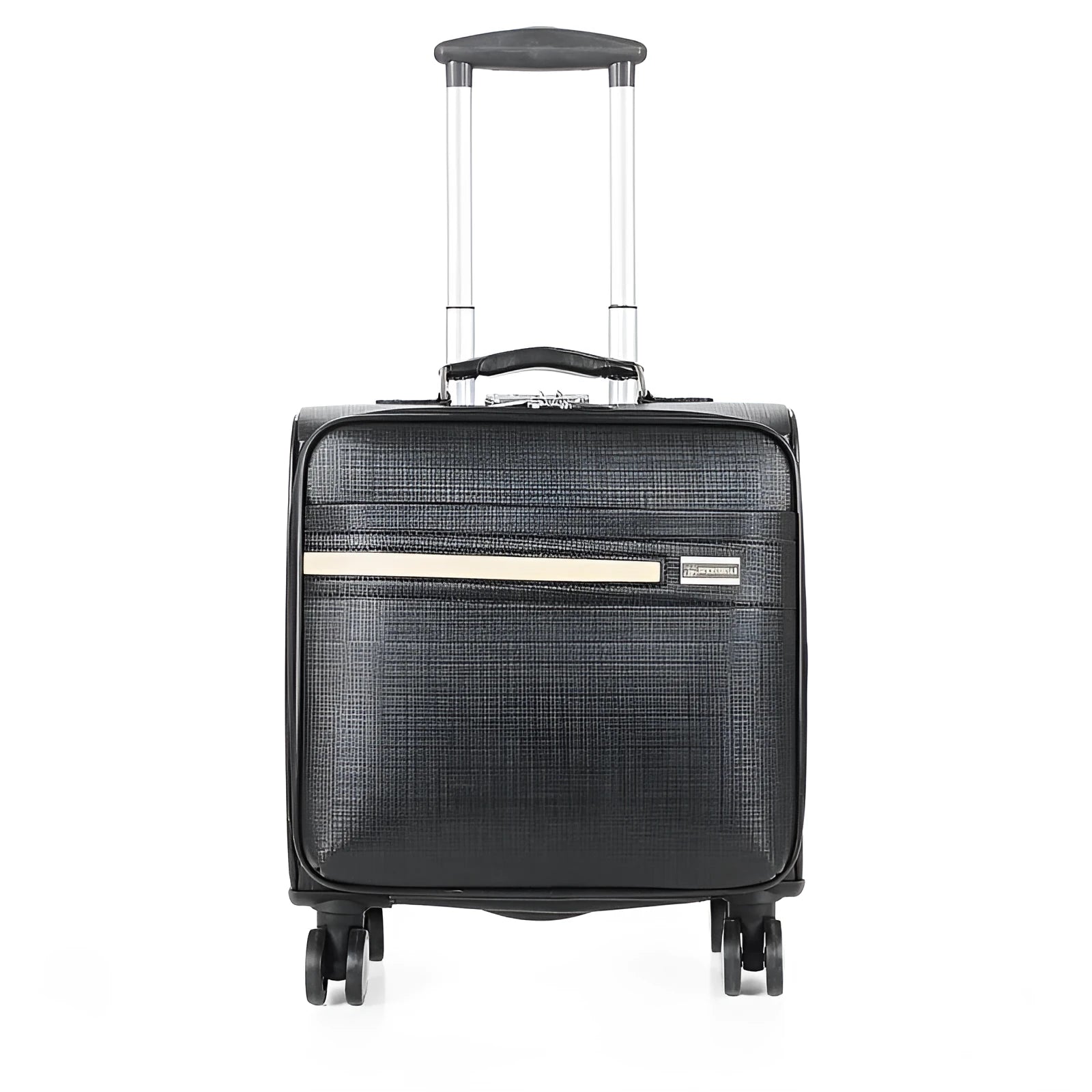 Black PU leather wheeled business case with retractable handle and secure lock.