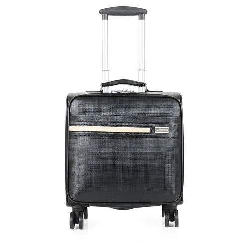Black PU leather wheeled business case with retractable handle and secure lock.