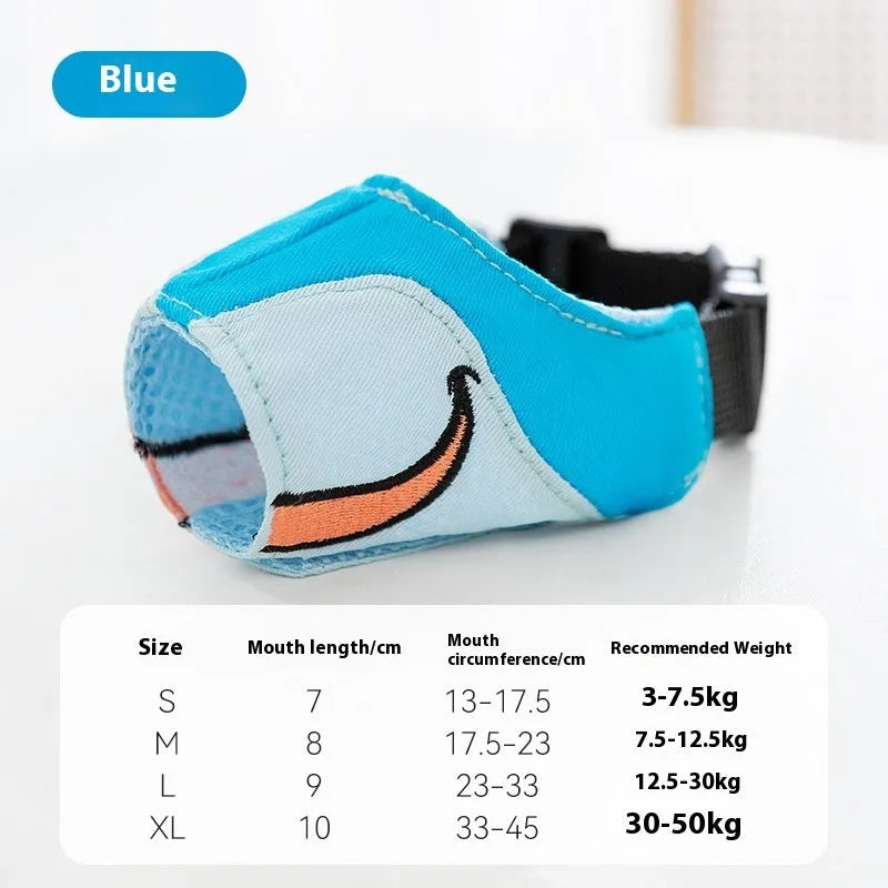 Canvas dog muzzle anti-bite mouth cover in Ollie Brown Bear colour showing weight-based sizing options