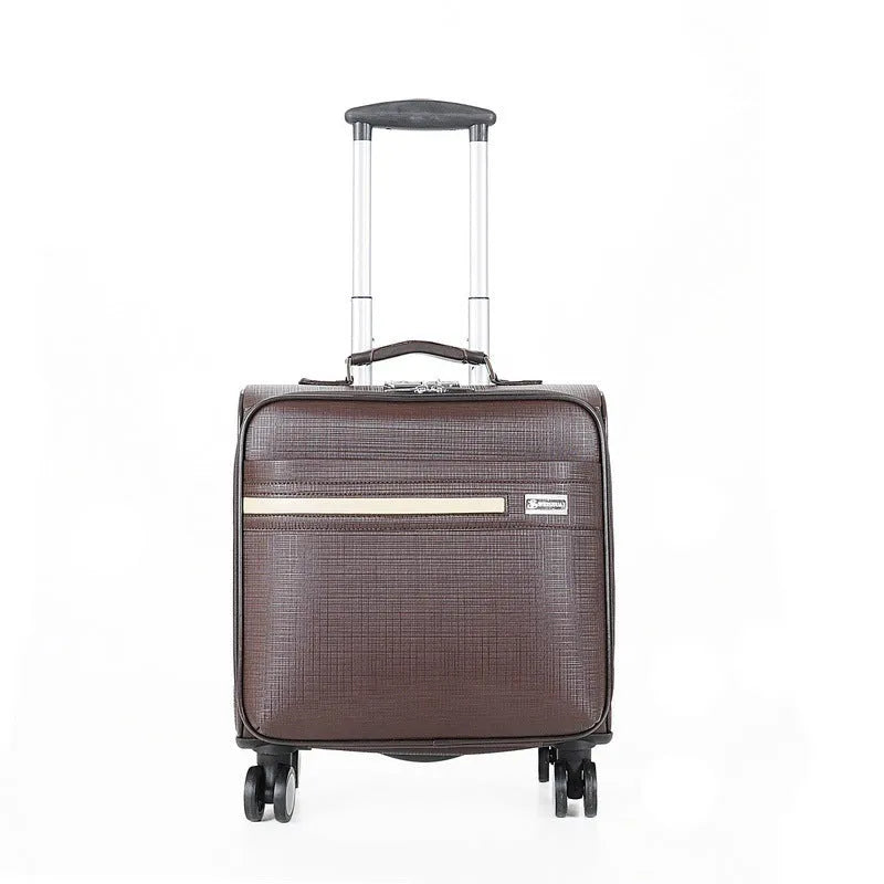 Black PU leather wheeled business case with retractable handle and secure lock.