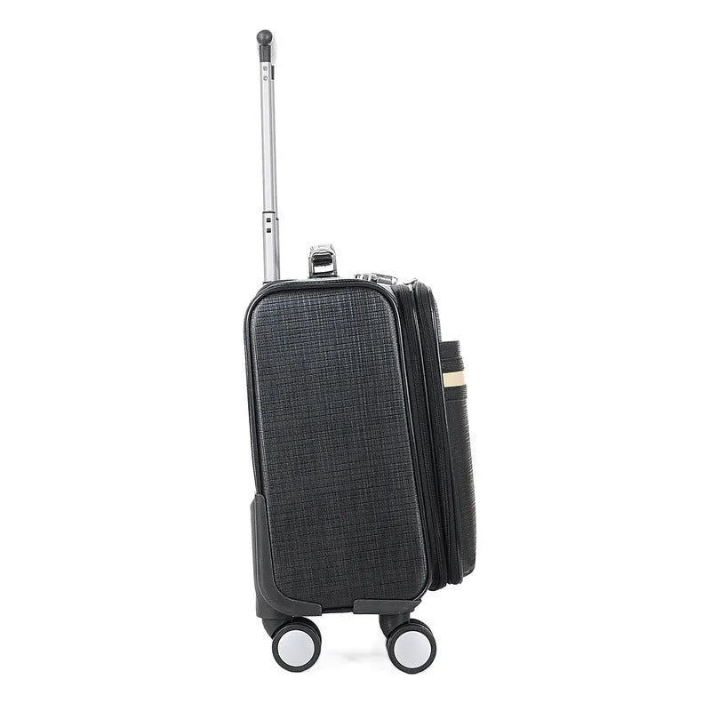 Black PU leather wheeled business case with retractable handle and secure lock.