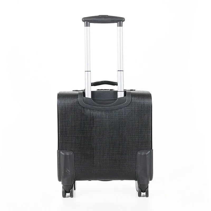 Black PU leather wheeled business case with retractable handle and secure lock.