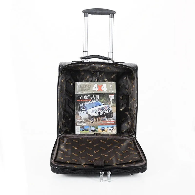 Black PU leather wheeled business case with retractable handle and secure lock.