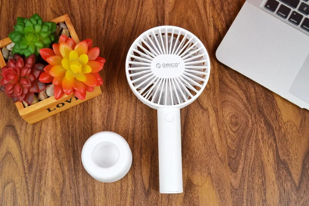 ORICO FH1 white USB rechargeable desk fan with handheld portable design and three-speed control
