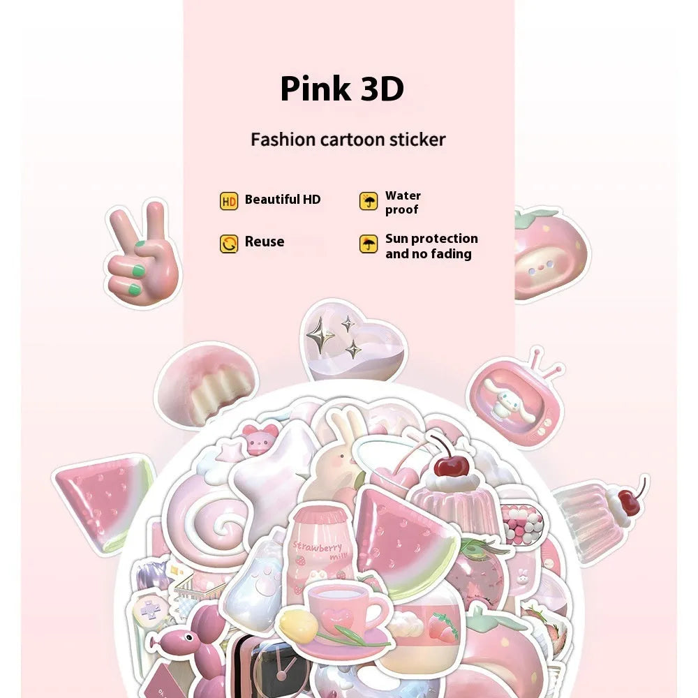 63-piece decorative sticker set with realistic 3D pink girl heart designs in two distinct patterns