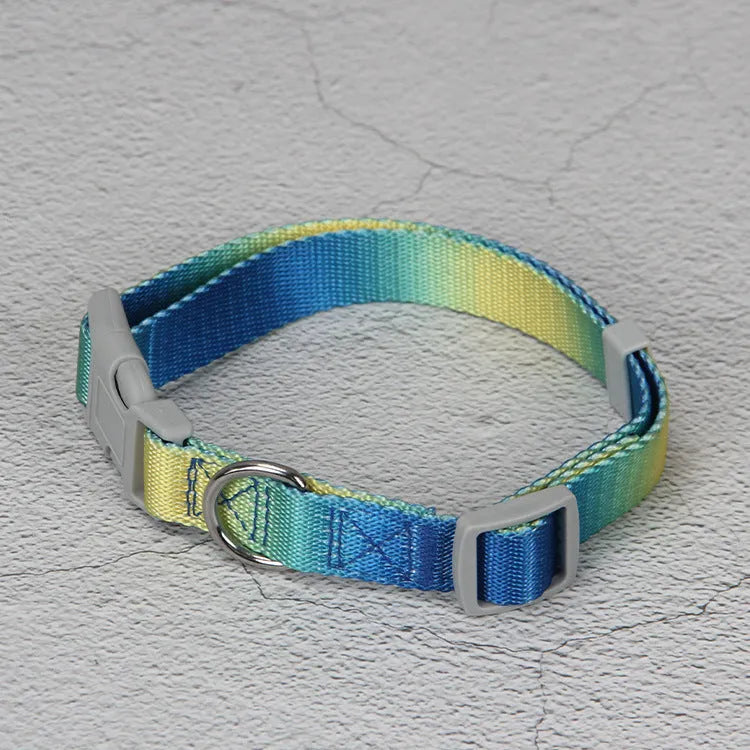 Gradient colour nylon dog leash set showing pink and yellow colour blend on a chest back harness style.