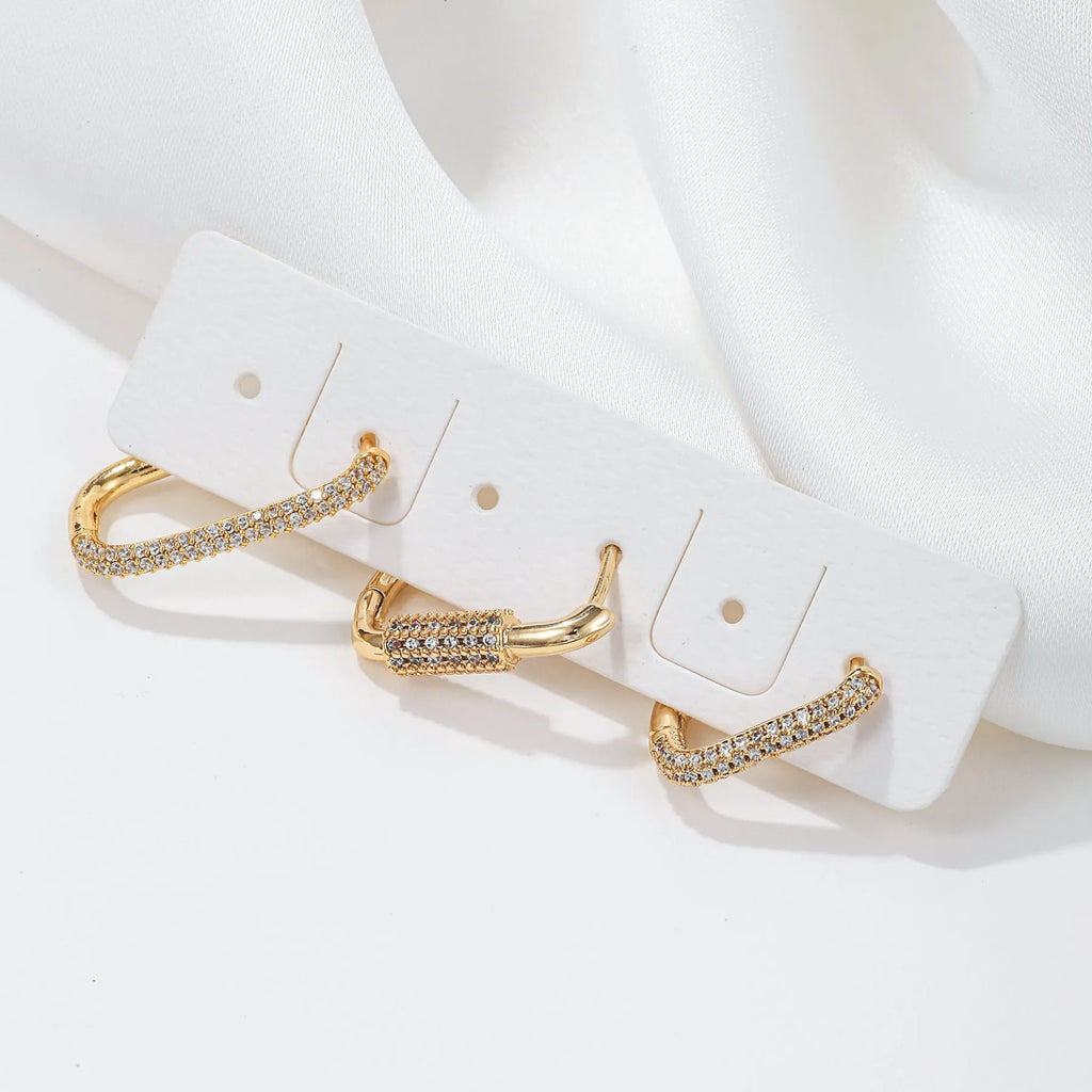 Geometric ear clip three-piece set with micro zircon detailing in gold and white colours