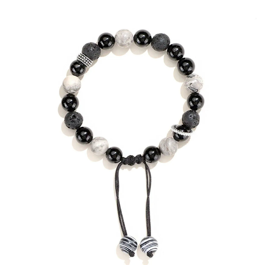 A black agate map stone volcanic rock bracelet with diamond-shaped beads in a New Chinese style unisex design.