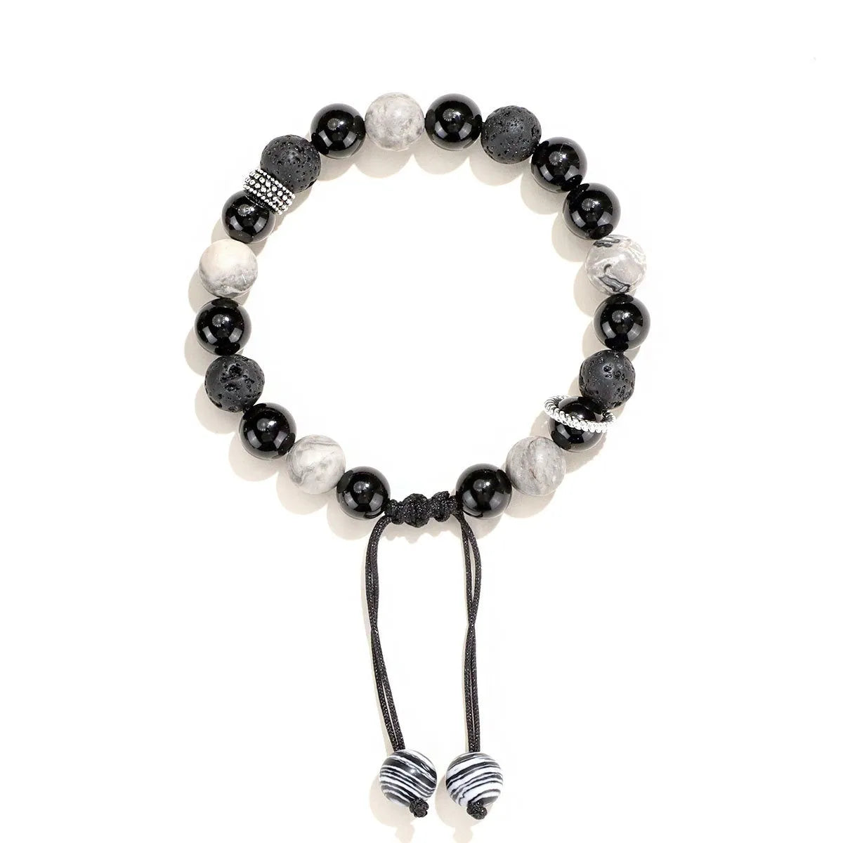 A black agate map stone volcanic rock bracelet with diamond-shaped beads in a New Chinese style unisex design.