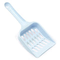 Blue plastic cat litter scoop with a long handle and perforated sifting head on a white background.