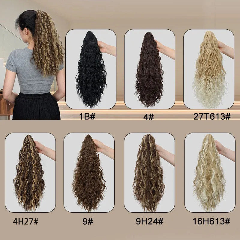 Water ripple grip corn curler synthetic ponytail wig in high temperature fibre on a stand