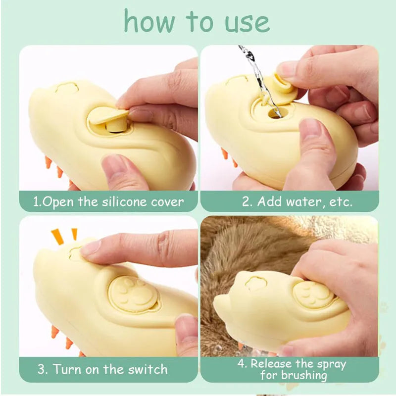 White 3-in-1 steam cat brush with pet shape design for grooming tangled hair