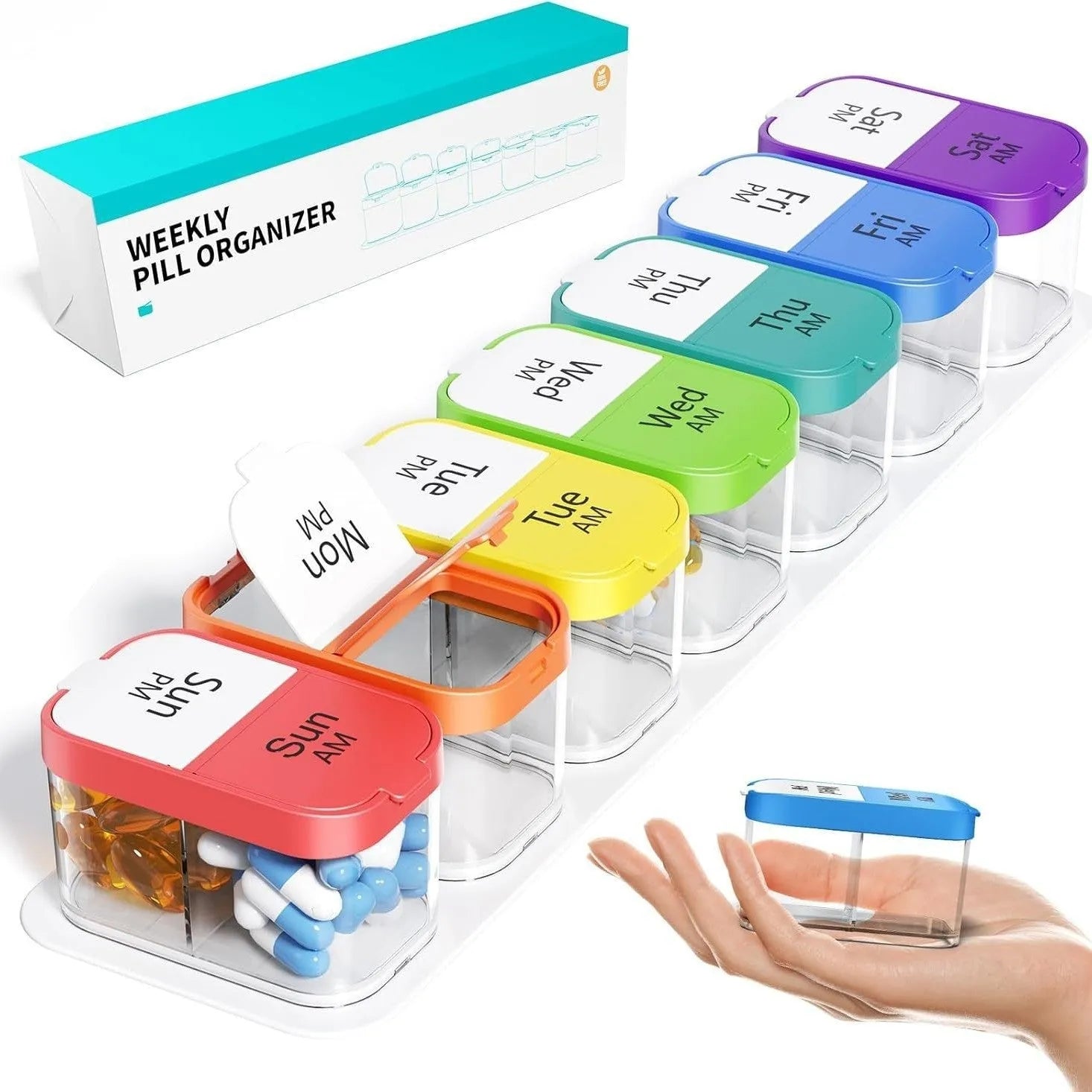 Amazon pill box with 14 removable compartments in white colour showing 1L capacity and portable design