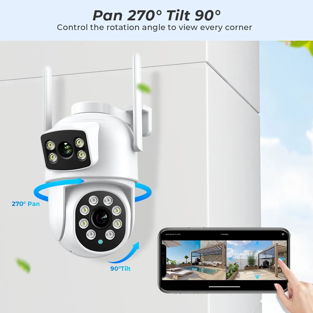 White outdoor night vision wireless surveillance camera with dual-screen humanoid tracking and bracket