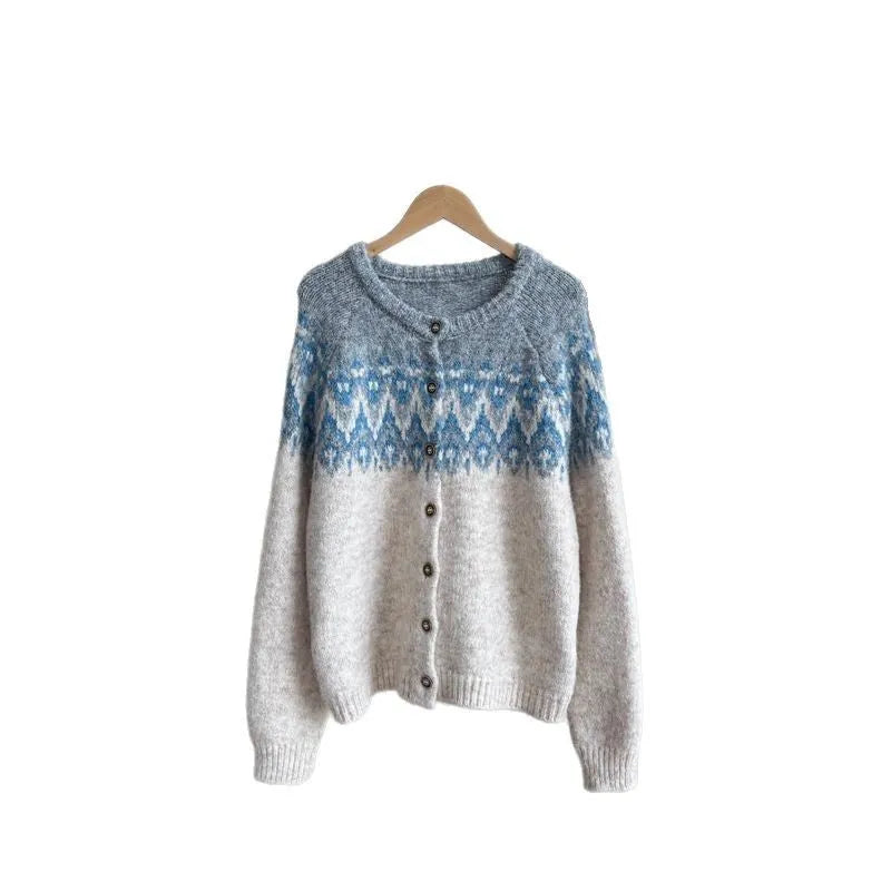 Women's loose-fit jacquard sweater coat in milky white, brown, or navy blue.