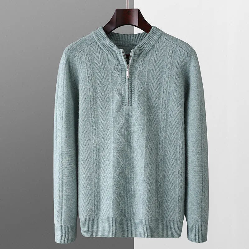 Men's pure wool diamond lattice half-zip sweater in loose fit with long sleeves