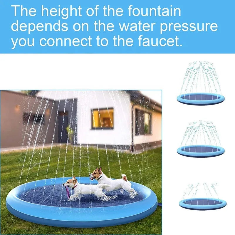 Large blue and green dog splash pad with sprinkler spray, showing anti-slip texture, placed on grass.