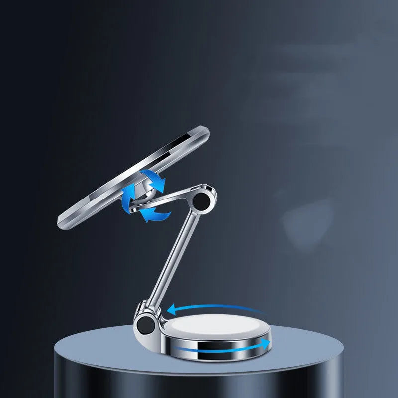 Car phone holder with flexible clip and 360-degree rotating bracket on dashboard