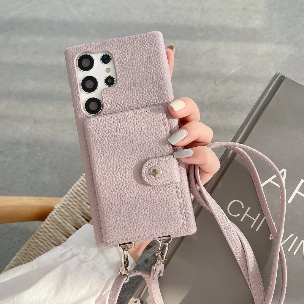 Samsung S23 Ultra crossbody phone case in black with lychee pattern and open card slots