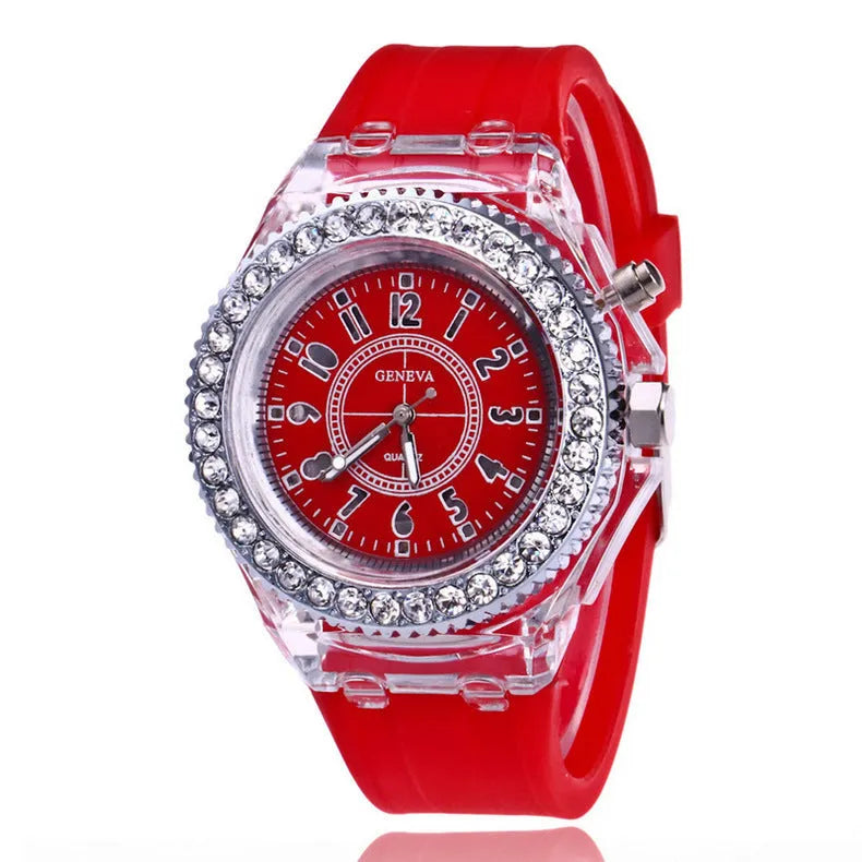 Women's LED luminous watch with round 43mm dial and coloured silicone strap