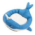 Blue duck-shaped fluffy pet sofa bed for small dogs and cats on a white background.