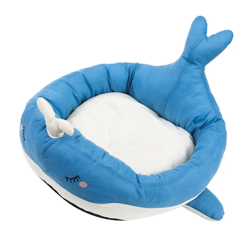 Blue duck-shaped fluffy pet sofa bed for small dogs and cats on a white background.