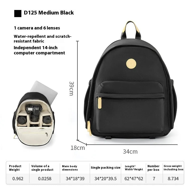 Women's polyester shoulder camera bag in black with a curved strap and detachable iPad pocket.