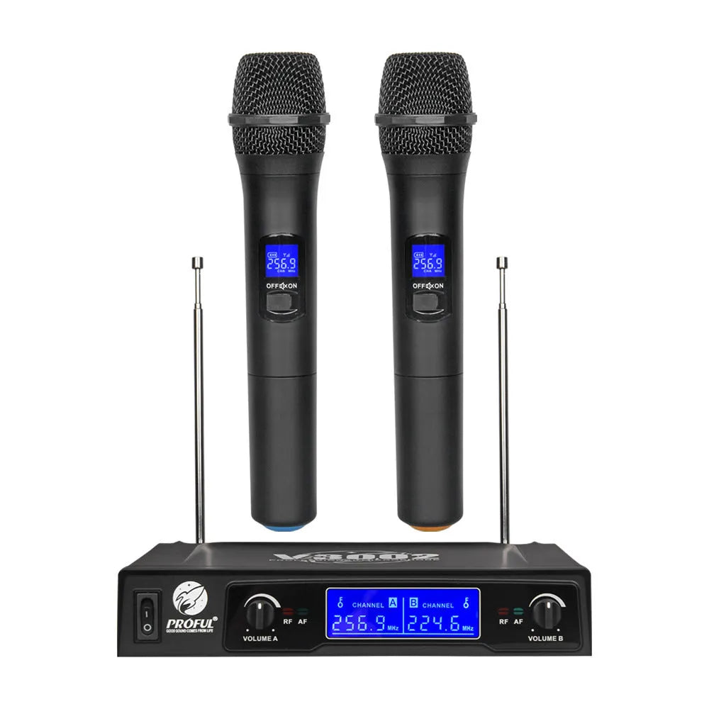 V-3002 wireless microphone system with two black handheld microphones and transmitter unit
