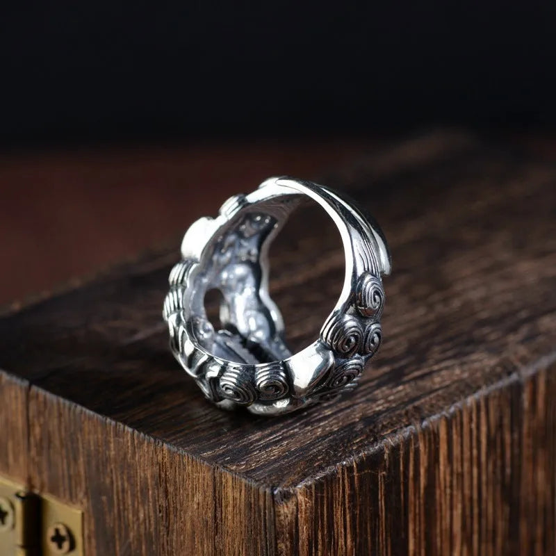 Silver open ring with detailed Jibeast animal pattern and retro styling