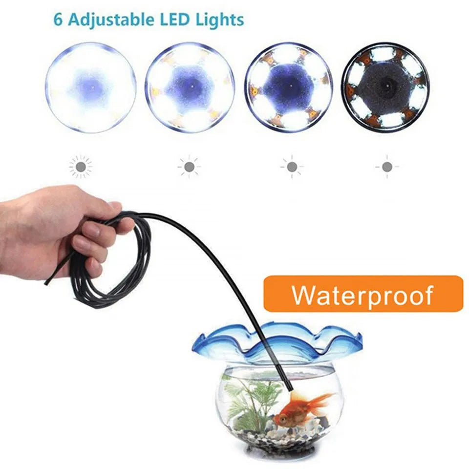 USB C Android mobile phone endoscope with flexible cable, IP67 waterproof rating, and accessories including hook and magnet.