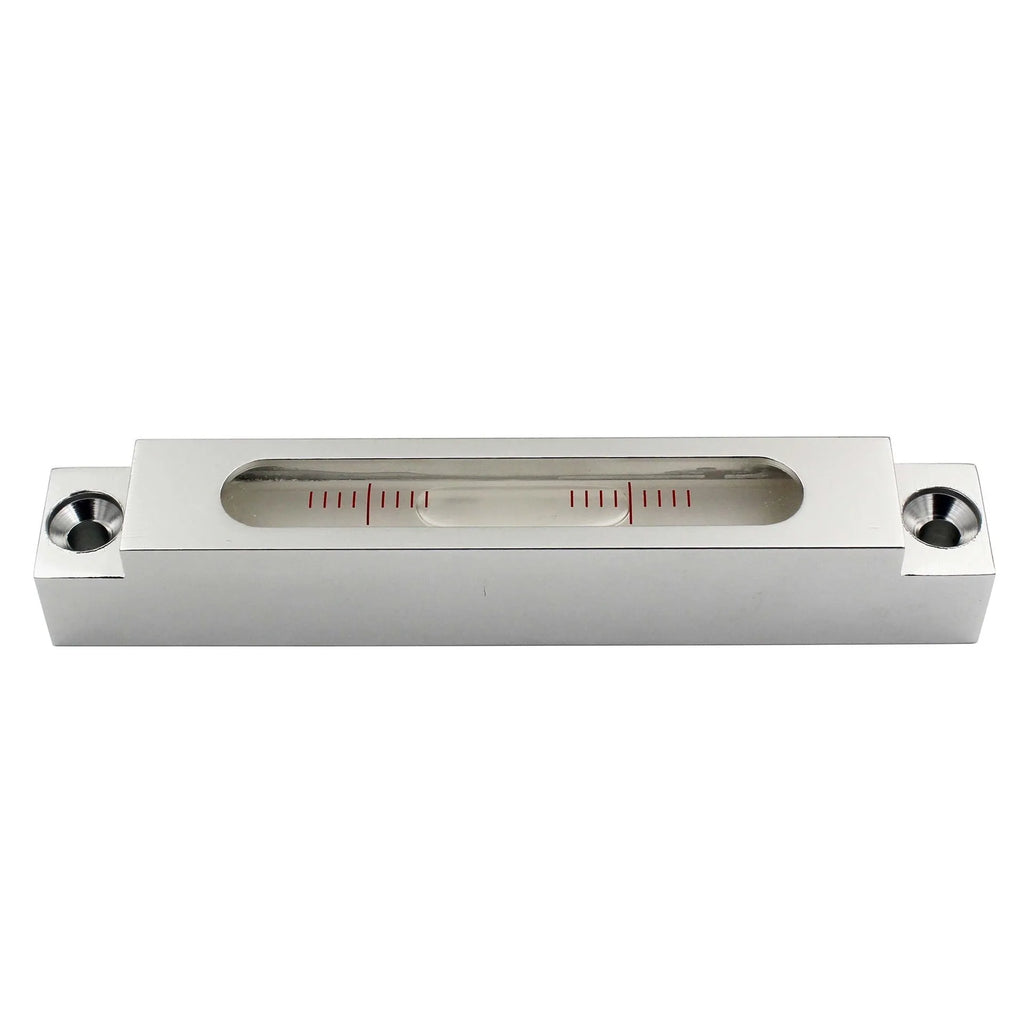 Mini metal and glass strip spirit level showing 132mm length with clear vial containing 500 blisters