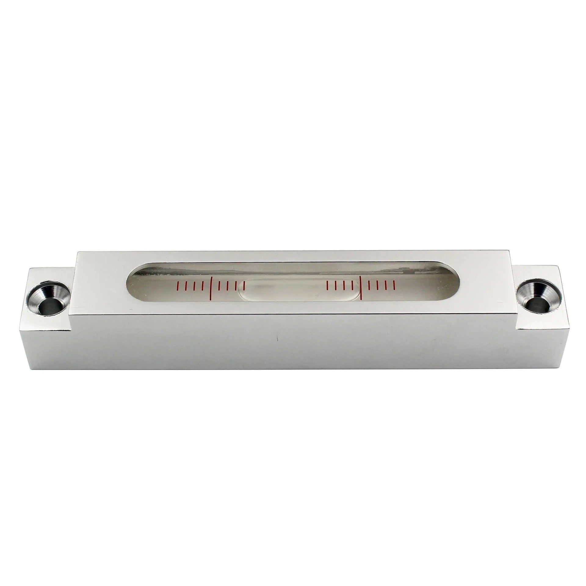 Mini metal and glass strip spirit level showing 132mm length with clear vial containing 500 blisters