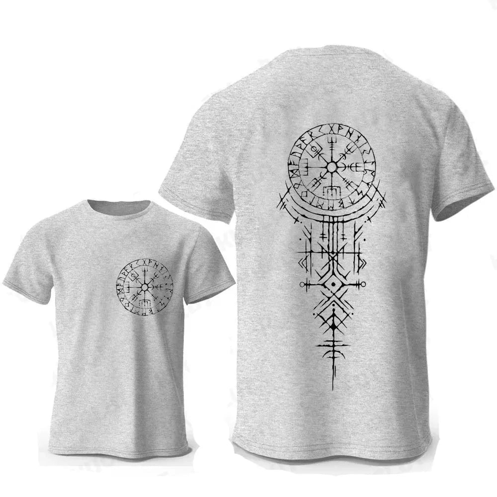 Man wearing a black cotton T-shirt with a detailed white Viking rune compass graphic on the chest.