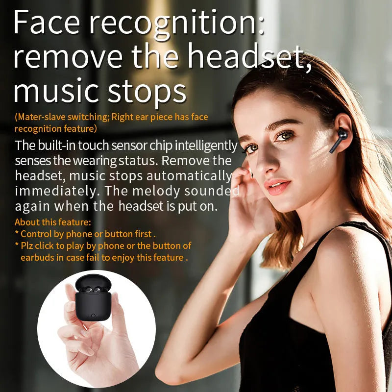 TWS Bluetooth headset in black charging case and earbuds, compact 60 x 67.5mm design with 1000-hour standby