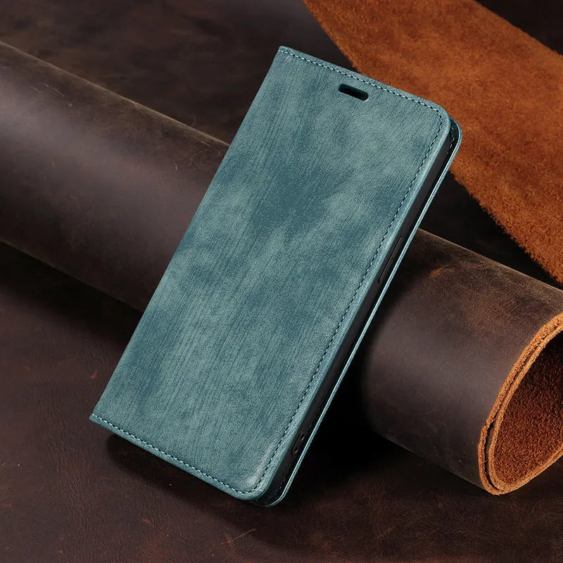Magnetic flip phone case in solid colour for iPhone, showing TPU frame and leather cover.