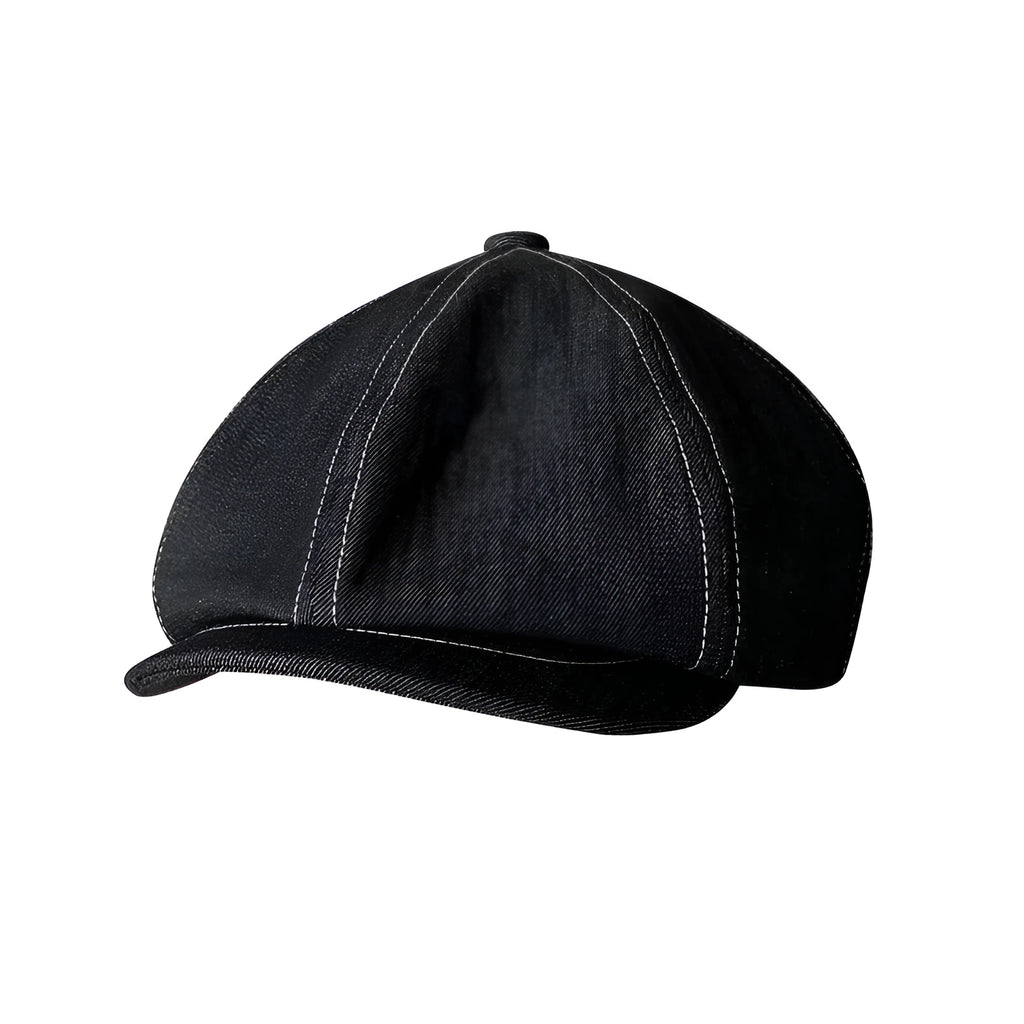 Black Japanese denim fabric beret hat shown in three adult sizes